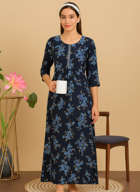 Contouraa "Midnight Bloom" Navy Cotton Frock Nighty – Calm in Every Thread