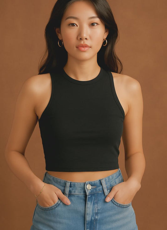 Contouraa Ribbed Square Neck Sleeveless Korean Crop Top