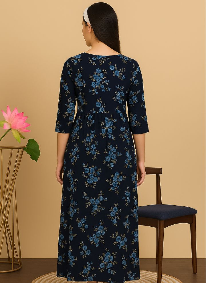 Contouraa "Midnight Bloom" Navy Cotton Frock Nighty – Calm in Every Thread