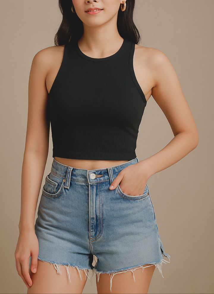 Contouraa Ribbed Square Neck Sleeveless Korean Crop Top