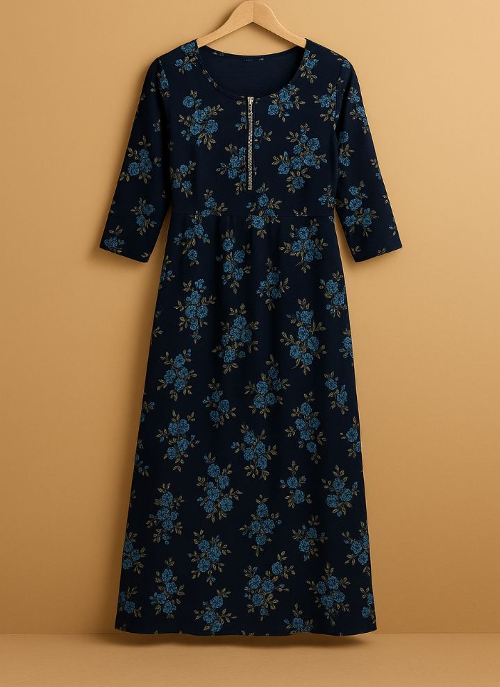 Contouraa "Midnight Bloom" Navy Cotton Frock Nighty – Calm in Every Thread
