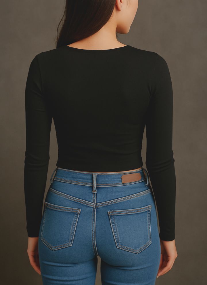 Contouraa Ribbed Square Neck Full Sleeves Korean Crop Top