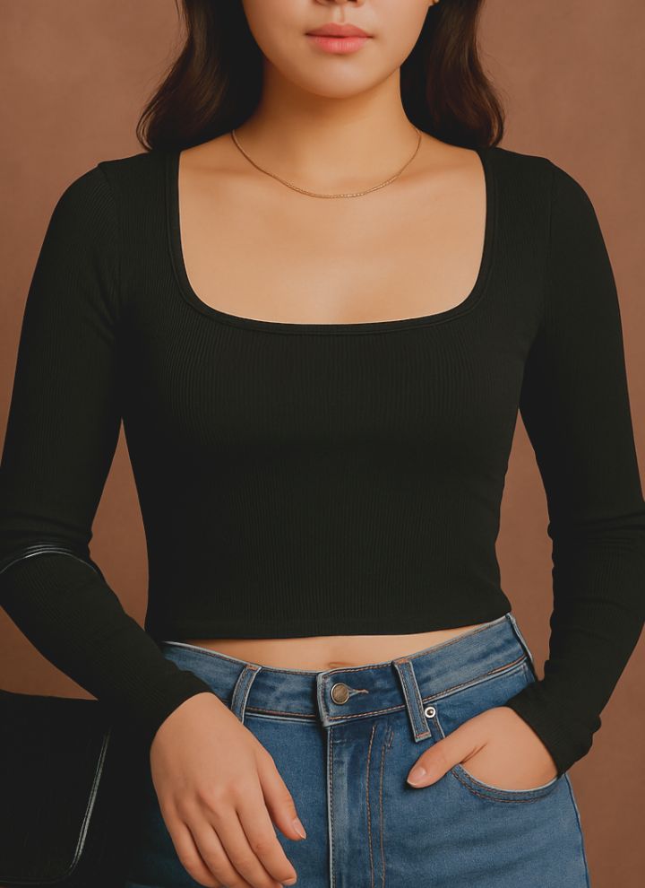 Contouraa Ribbed Square Neck Full Sleeves Korean Crop Top