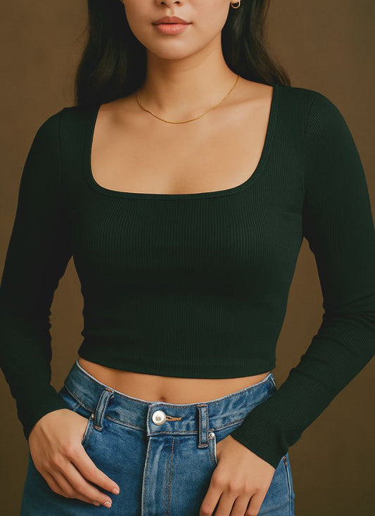 Contouraa Ribbed Square Neck Full Sleeves Korean Crop Top